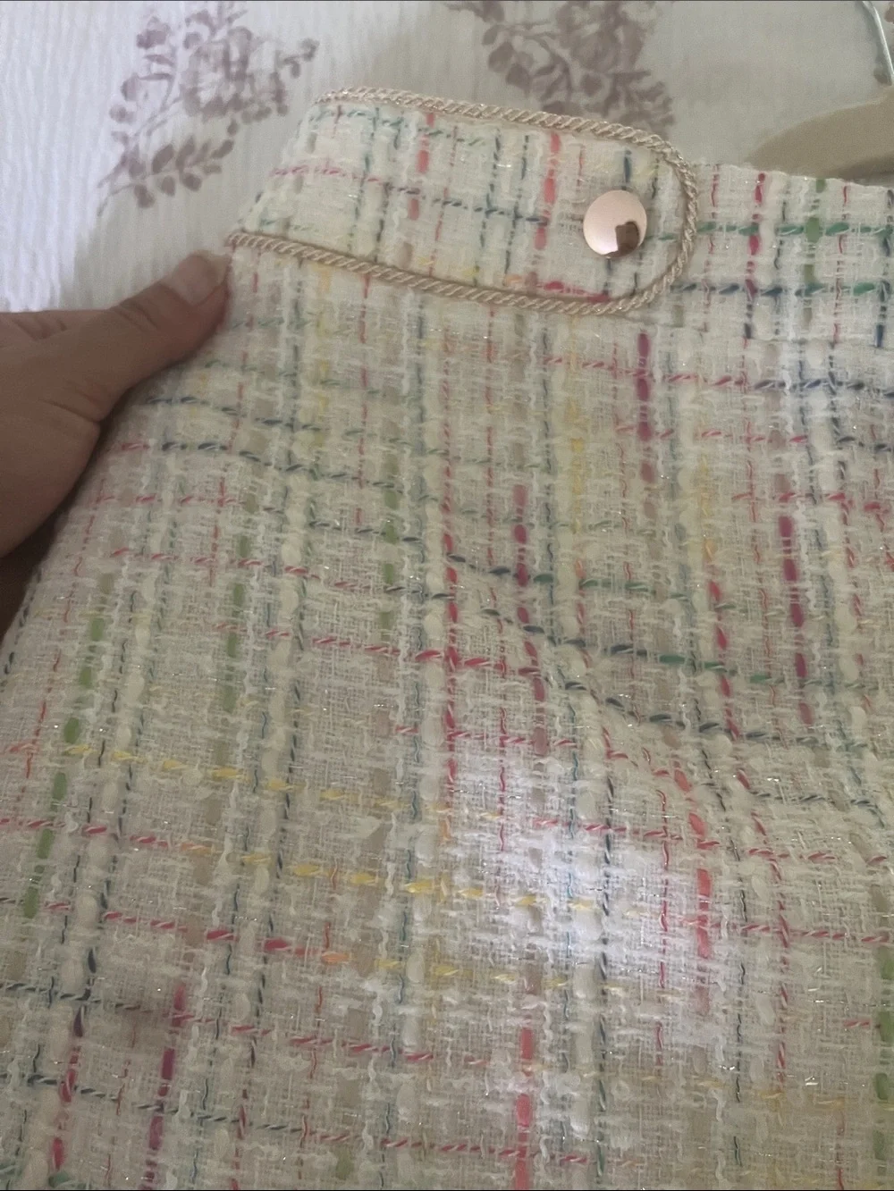 Cream Tweed Pencil Skirt with Pastel Check Detail